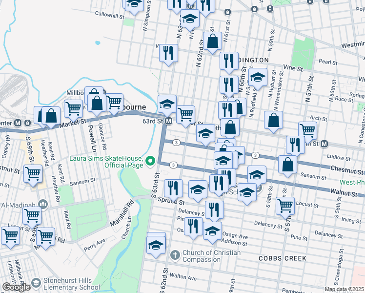 map of restaurants, bars, coffee shops, grocery stores, and more near 104 South 62nd Street in Philadelphia