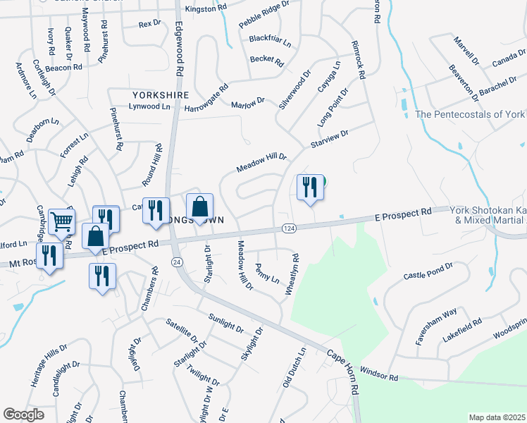 map of restaurants, bars, coffee shops, grocery stores, and more near 210 Knob Creek Lane in York