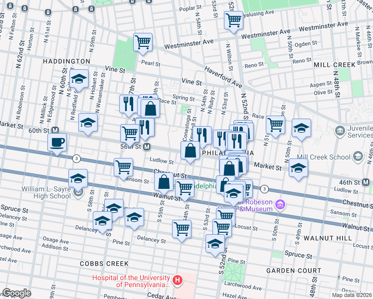 map of restaurants, bars, coffee shops, grocery stores, and more near 59 North Conestoga Street in Philadelphia