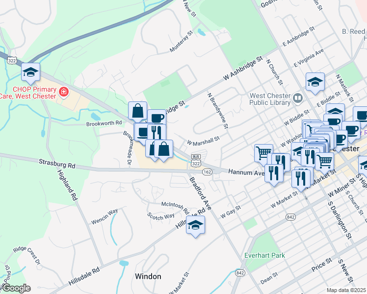 map of restaurants, bars, coffee shops, grocery stores, and more near 530 West Marshall Street in West Chester