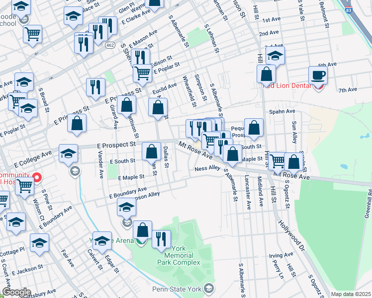 map of restaurants, bars, coffee shops, grocery stores, and more near 990 Mount Rose Avenue in York