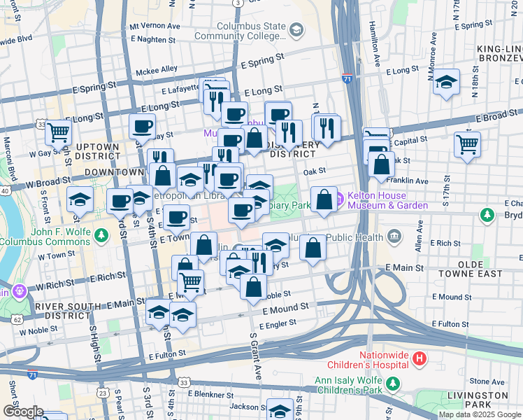 map of restaurants, bars, coffee shops, grocery stores, and more near 400 East Town Street in Columbus