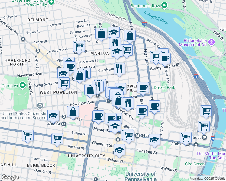 map of restaurants, bars, coffee shops, grocery stores, and more near 3616 Baring Street in Philadelphia