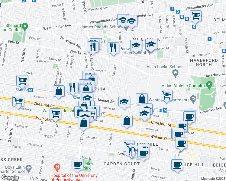 map of restaurants, bars, coffee shops, grocery stores, and more near 49 North Farson Street in Philadelphia