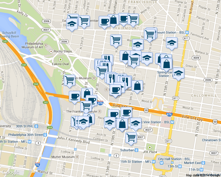 map of restaurants, bars, coffee shops, grocery stores, and more near 1943 Callowhill St in Philadelphia