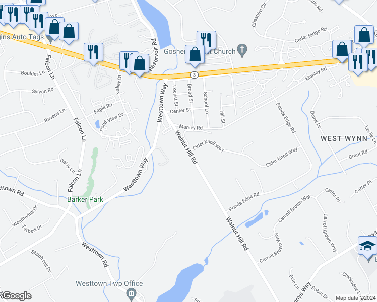 map of restaurants, bars, coffee shops, grocery stores, and more near 202 Walnut Hill Road in West Chester