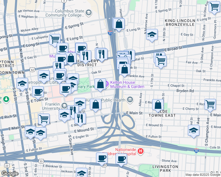 map of restaurants, bars, coffee shops, grocery stores, and more near 604 East Town Street in Columbus