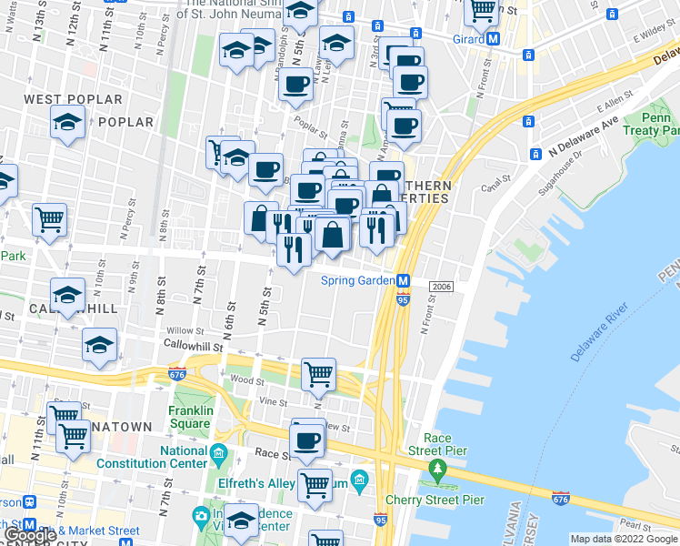map of restaurants, bars, coffee shops, grocery stores, and more near Spring Garden Street & North 3rd Street in Philadelphia