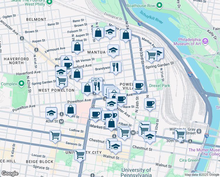 map of restaurants, bars, coffee shops, grocery stores, and more near 3614 Baring Street in Philadelphia