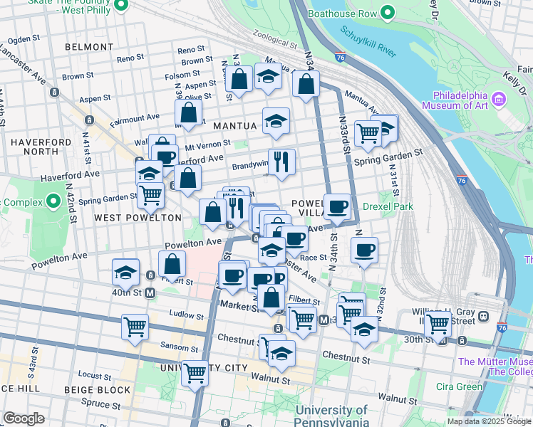 map of restaurants, bars, coffee shops, grocery stores, and more near 3616 Baring Street in Philadelphia