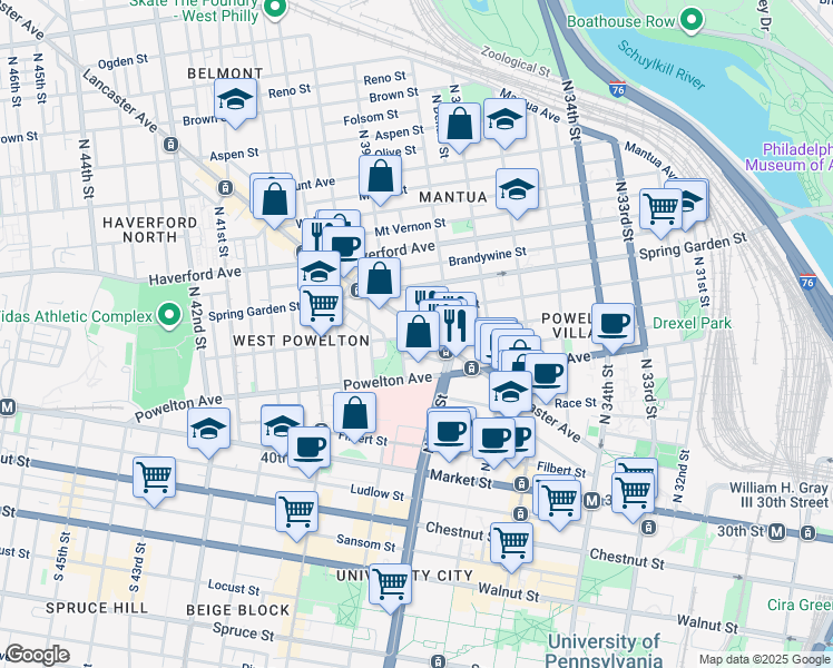 map of restaurants, bars, coffee shops, grocery stores, and more near 3826 Lancaster Avenue in Philadelphia