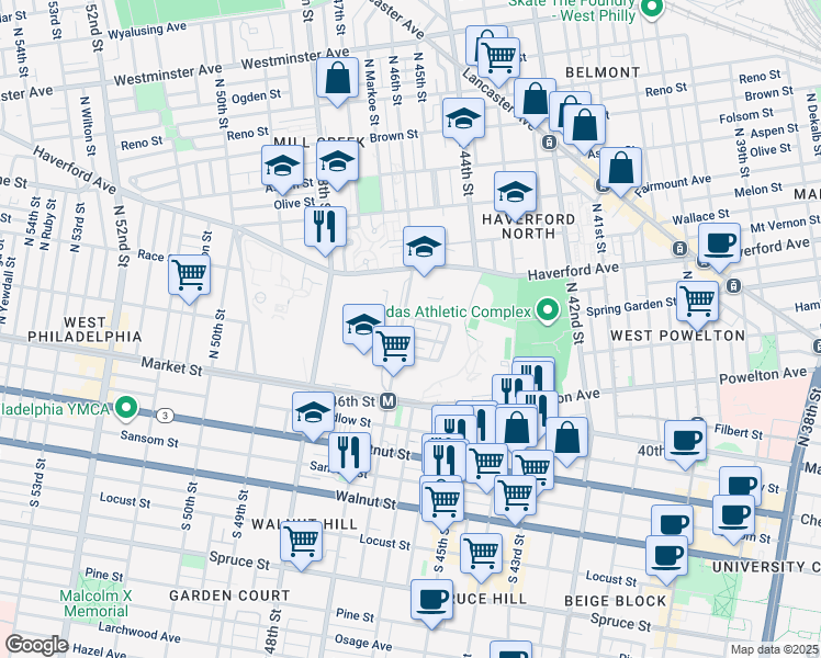 map of restaurants, bars, coffee shops, grocery stores, and more near 75 North 46th Street in Philadelphia