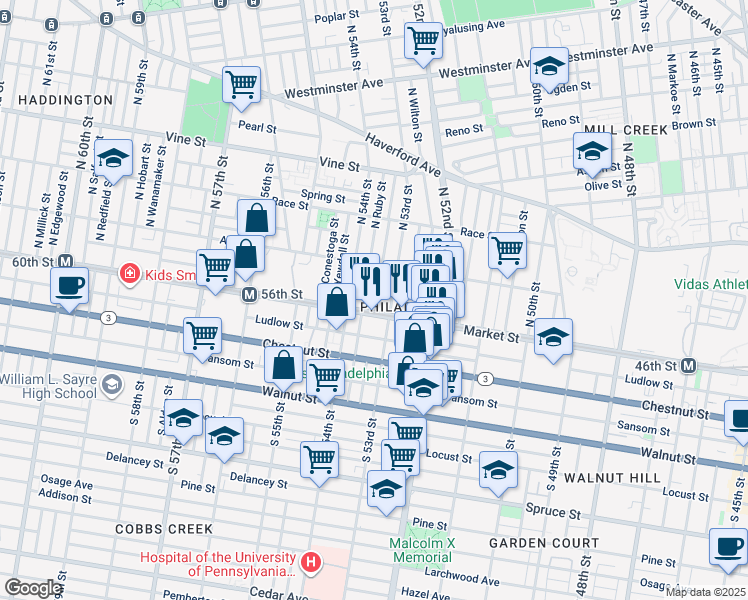 map of restaurants, bars, coffee shops, grocery stores, and more near 16 North Peach Street in Philadelphia