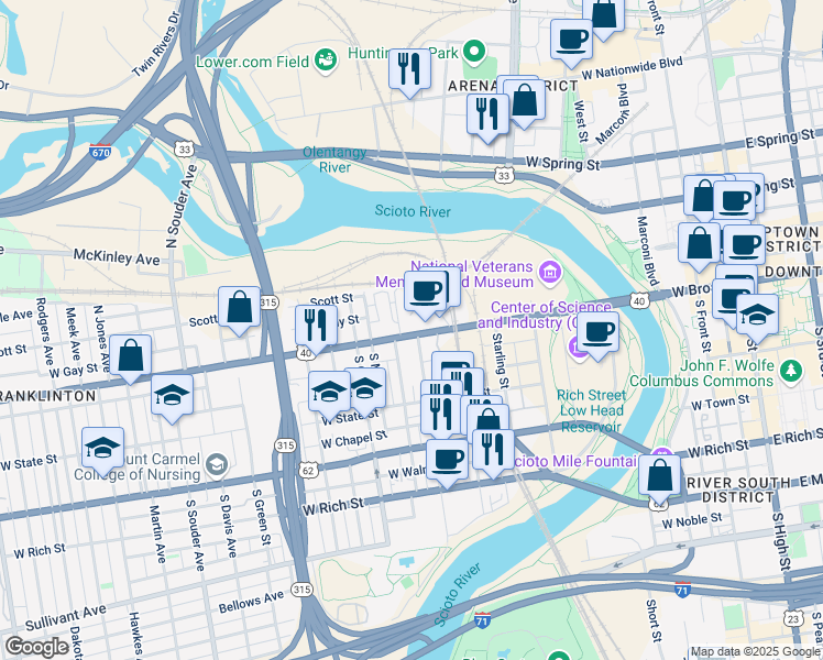 map of restaurants, bars, coffee shops, grocery stores, and more near 480 West Broad Street in Columbus