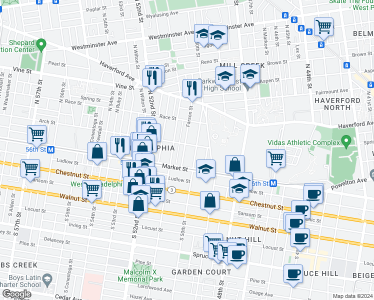 map of restaurants, bars, coffee shops, grocery stores, and more near 49 Farson Street in Philadelphia
