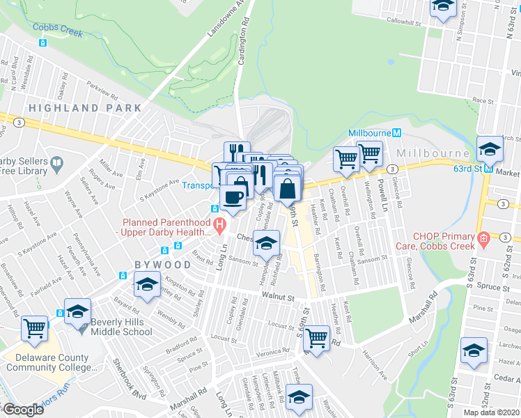 map of restaurants, bars, coffee shops, grocery stores, and more near 34 Copley Rd in Delaware