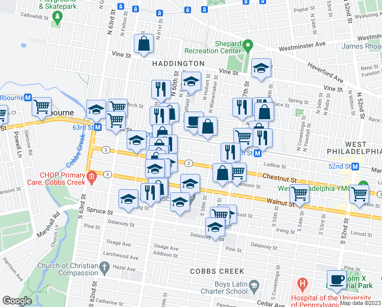 map of restaurants, bars, coffee shops, grocery stores, and more near 27 South 59th Street in Philadelphia