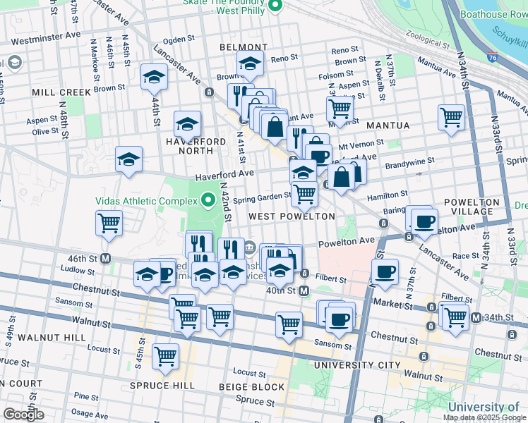 map of restaurants, bars, coffee shops, grocery stores, and more near 419 Budd Street in Philadelphia