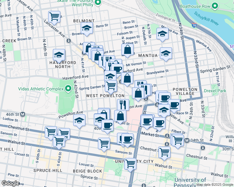 map of restaurants, bars, coffee shops, grocery stores, and more near 421 Sloan Street in Philadelphia