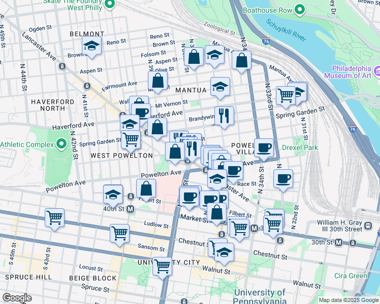 map of restaurants, bars, coffee shops, grocery stores, and more near North 38th Street & Baring Street in Philadelphia
