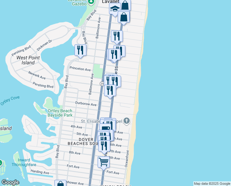 map of restaurants, bars, coffee shops, grocery stores, and more near 2207 Grand Central Avenue in Lavallette