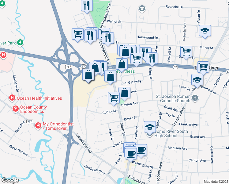 map of restaurants, bars, coffee shops, grocery stores, and more near 812 North Main Street in Toms River