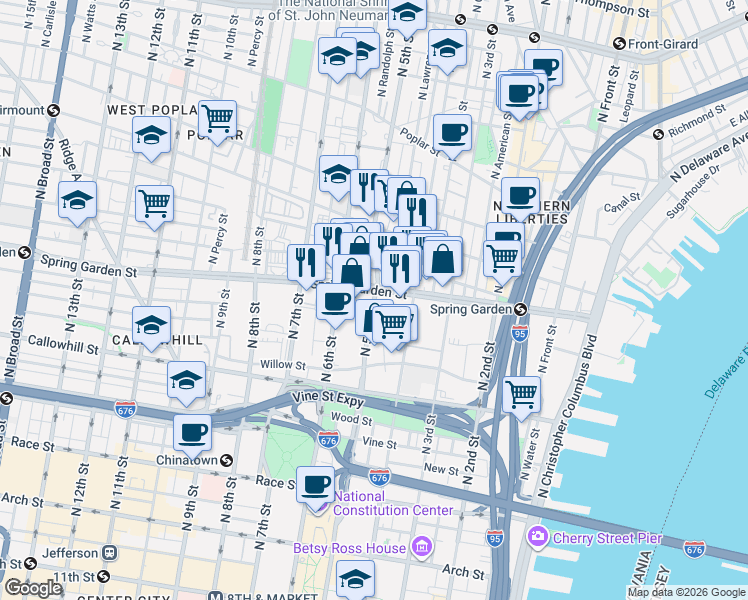 map of restaurants, bars, coffee shops, grocery stores, and more near in Philadelphia
