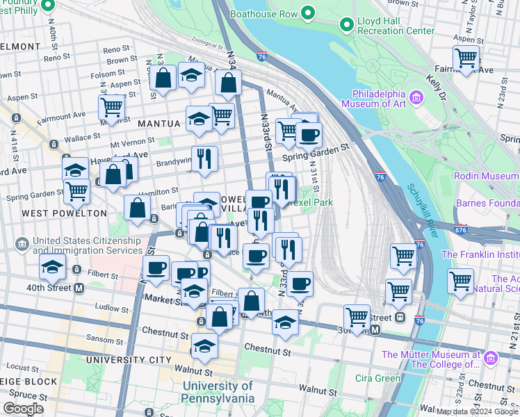 map of restaurants, bars, coffee shops, grocery stores, and more near 3308 Baring Street in Philadelphia