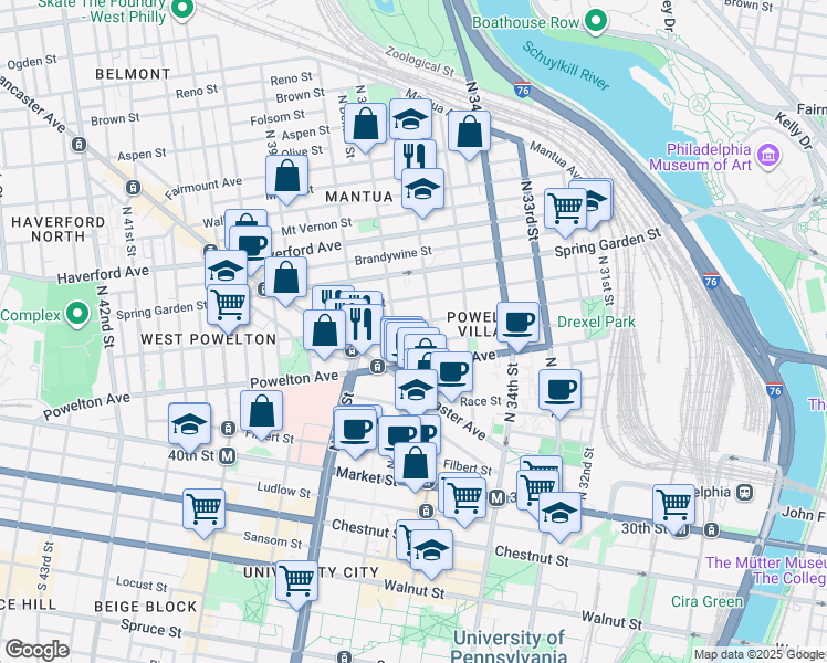 map of restaurants, bars, coffee shops, grocery stores, and more near 3616 Hamilton Street in Philadelphia