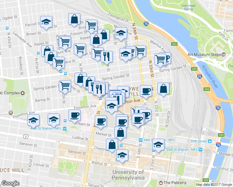 map of restaurants, bars, coffee shops, grocery stores, and more near 3616 Hamilton Street in Philadelphia