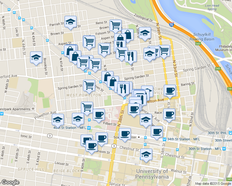 map of restaurants, bars, coffee shops, grocery stores, and more near 3827 Hamilton Street in Philadelphia