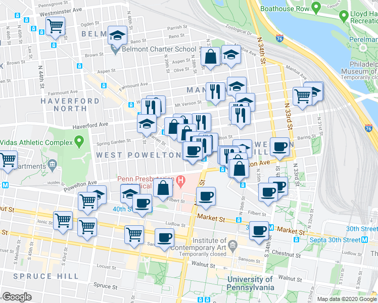 map of restaurants, bars, coffee shops, grocery stores, and more near 3827 Hamilton Street in Philadelphia