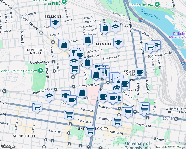 map of restaurants, bars, coffee shops, grocery stores, and more near 3827 Hamilton Street in Philadelphia
