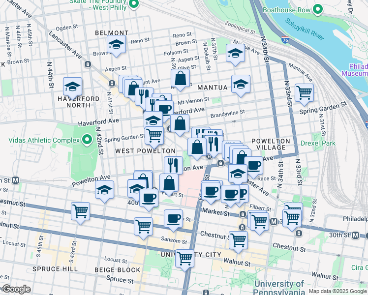 map of restaurants, bars, coffee shops, grocery stores, and more near in Philadelphia