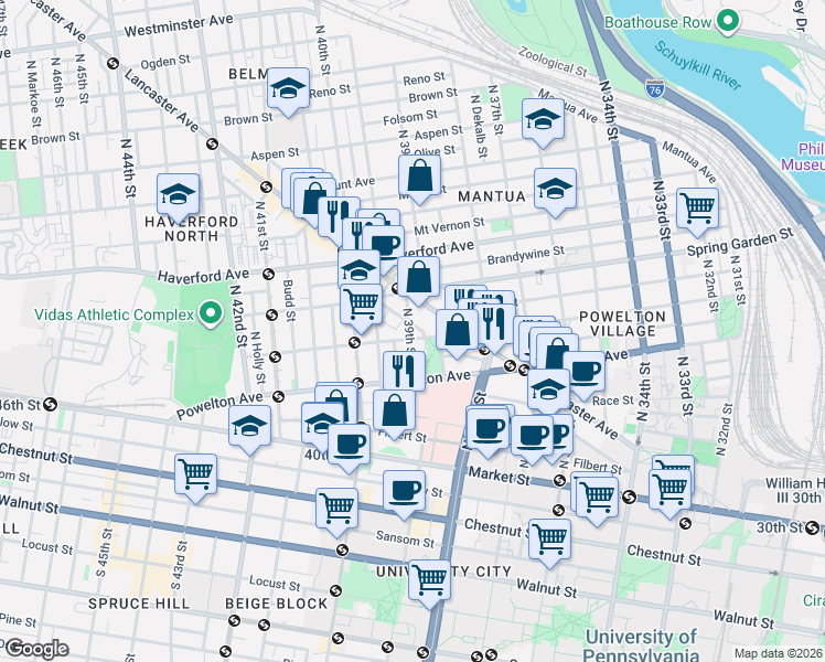 map of restaurants, bars, coffee shops, grocery stores, and more near in Philadelphia