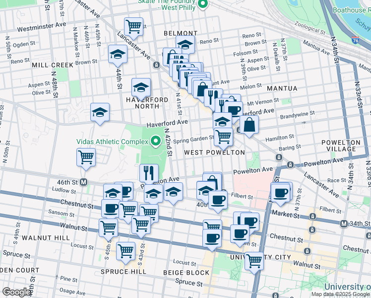 map of restaurants, bars, coffee shops, grocery stores, and more near 4101 Spring Garden Street in Philadelphia