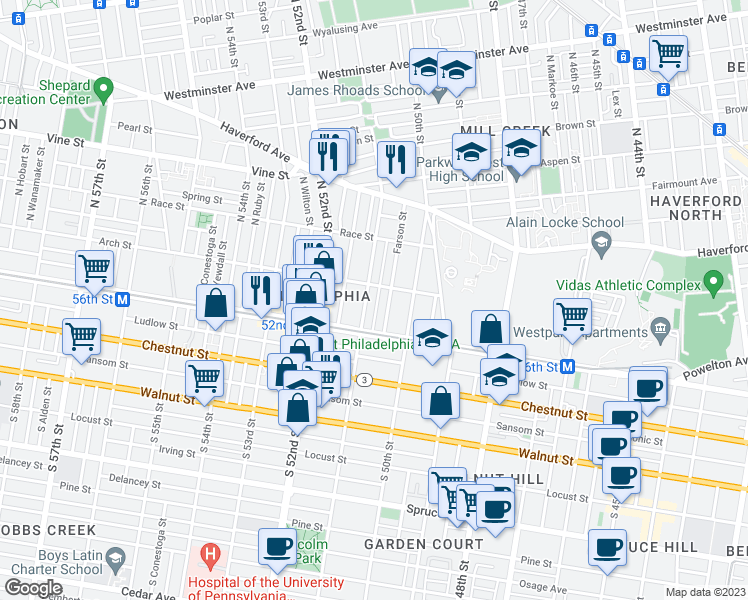 map of restaurants, bars, coffee shops, grocery stores, and more near 5037 Arch Street in Philadelphia