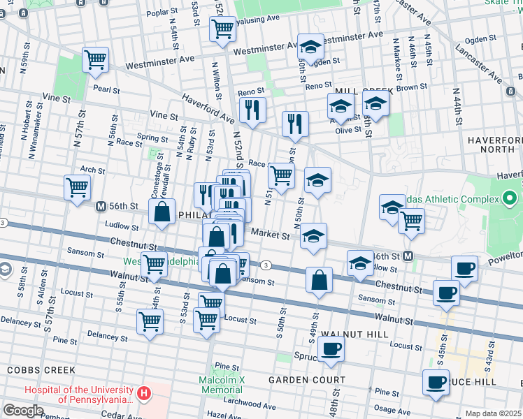 map of restaurants, bars, coffee shops, grocery stores, and more near 5125 Arch Street in Philadelphia