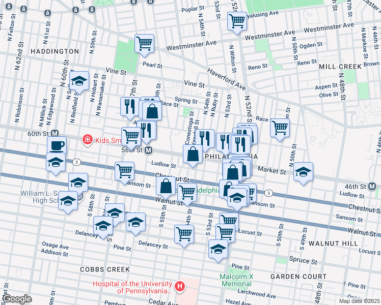 map of restaurants, bars, coffee shops, grocery stores, and more near 59 North Conestoga Street in Philadelphia