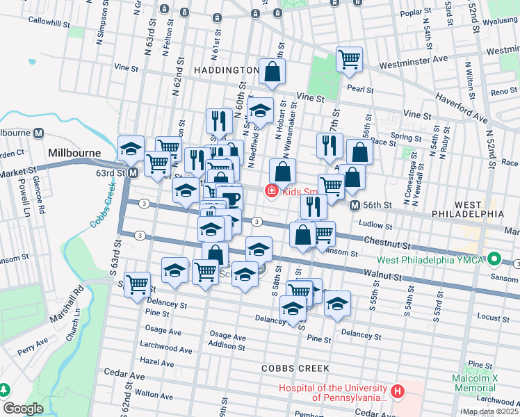 map of restaurants, bars, coffee shops, grocery stores, and more near 5854 Market Street in Philadelphia