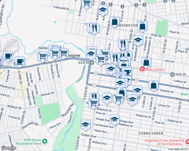map of restaurants, bars, coffee shops, grocery stores, and more near 6236 Ludlow Street in Philadelphia