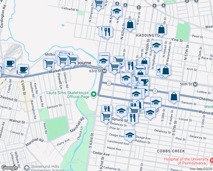 map of restaurants, bars, coffee shops, grocery stores, and more near 6236 Ludlow Street in Philadelphia