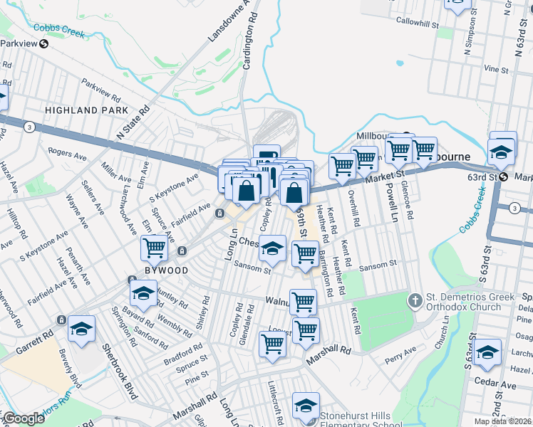map of restaurants, bars, coffee shops, grocery stores, and more near 34 Copley Rd in Delaware