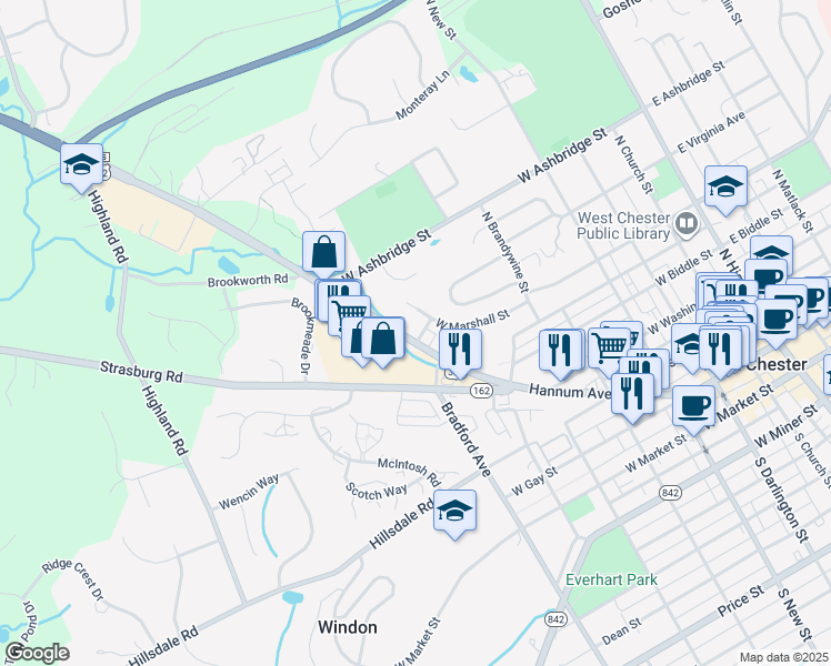 map of restaurants, bars, coffee shops, grocery stores, and more near 571 West Marshall Street in West Chester