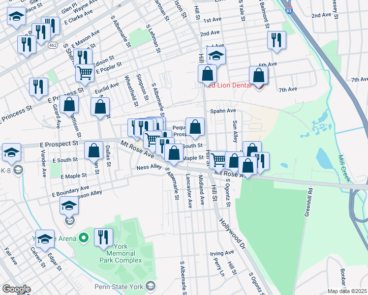 map of restaurants, bars, coffee shops, grocery stores, and more near 1204 East Prospect Street in York
