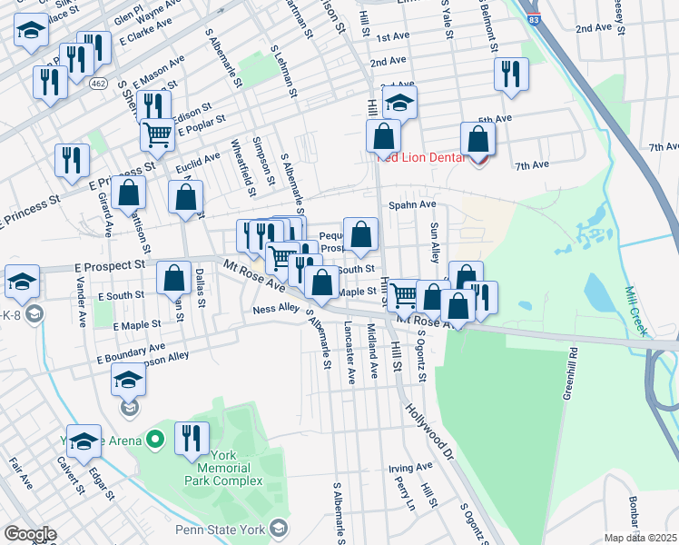 map of restaurants, bars, coffee shops, grocery stores, and more near 1204 East Prospect Street in York