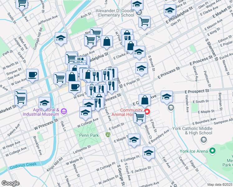 map of restaurants, bars, coffee shops, grocery stores, and more near 115 South Howard Street in York