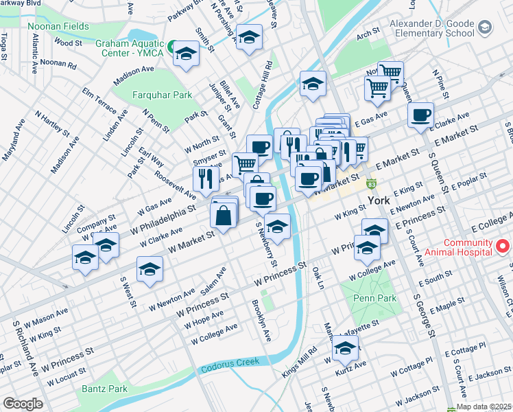 map of restaurants, bars, coffee shops, grocery stores, and more near 234 West Clarke Avenue in York
