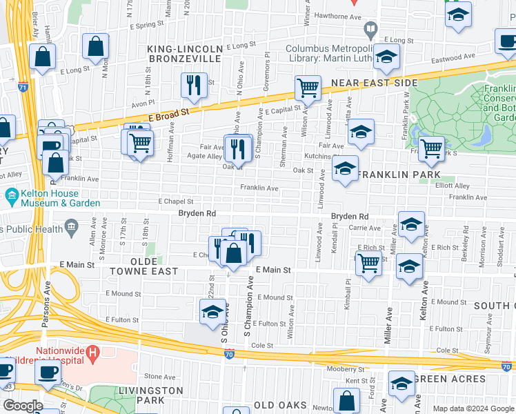 map of restaurants, bars, coffee shops, grocery stores, and more near 1139 Franklin Avenue in Columbus