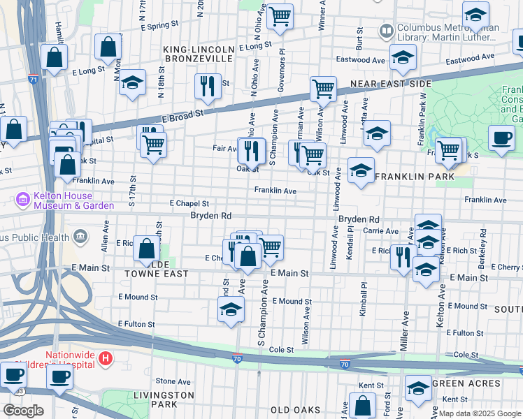 map of restaurants, bars, coffee shops, grocery stores, and more near 1139 Franklin Avenue in Columbus